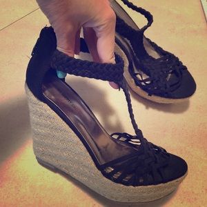 Black cloth wedge sandals